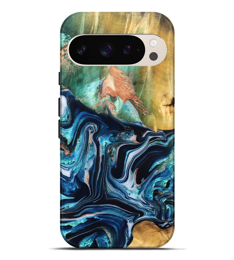 Pixel 9 Pro XL Wood Live Edge Phone Case - Tianna (Teal & Gold, 832183)