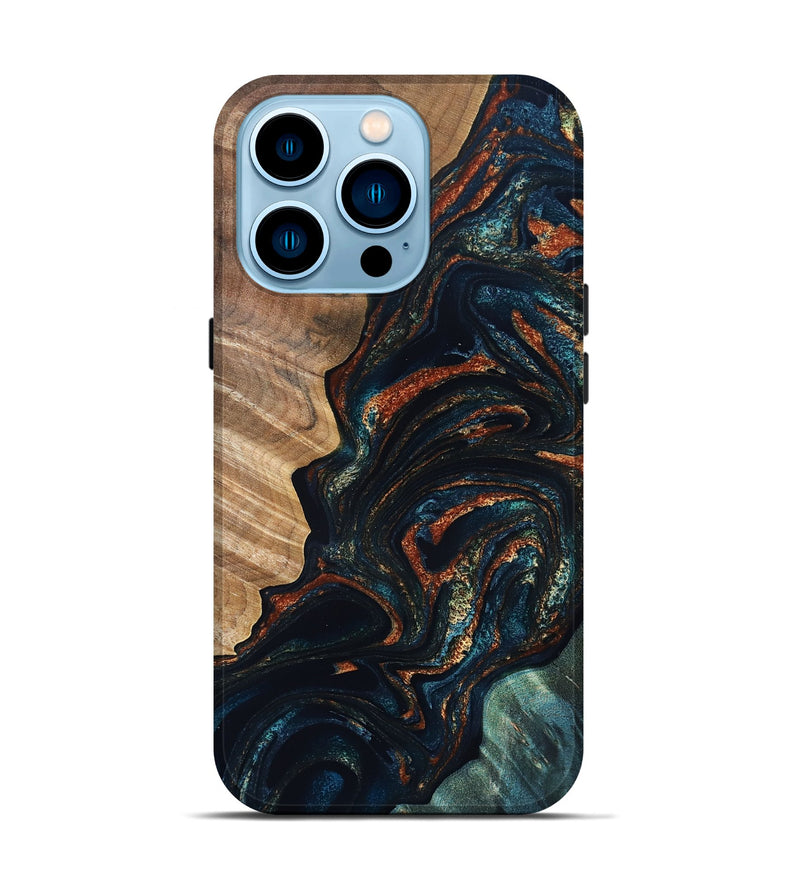 iPhone 14 Pro Wood Live Edge Phone Case - Keagan (Teal & Gold, 832184)