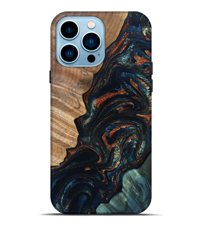 iPhone 14 Pro Max Wood Live Edge Phone Case - Keagan (Teal & Gold, 832184)