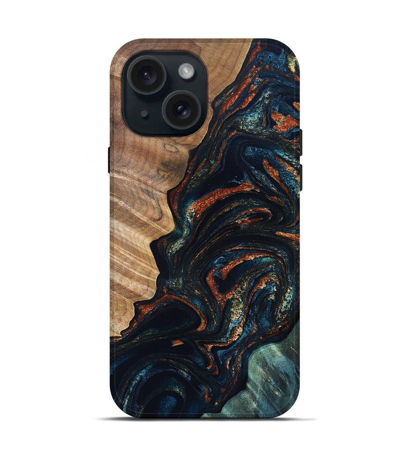 iPhone 15 Wood Live Edge Phone Case - Keagan (Teal & Gold, 832184)