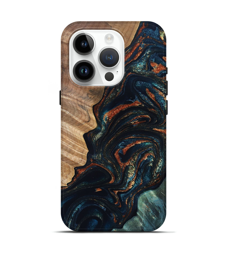 iPhone 15 Pro Wood Live Edge Phone Case - Keagan (Teal & Gold, 832184)