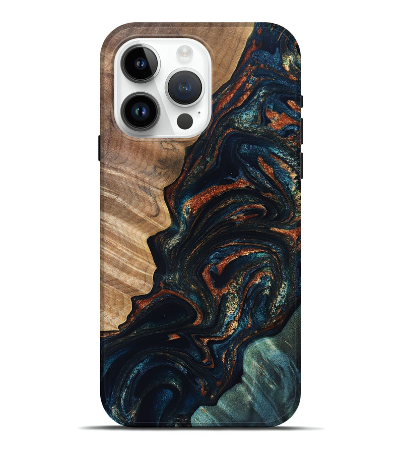 iPhone 15 Pro Max Wood Live Edge Phone Case - Keagan (Teal & Gold, 832184)