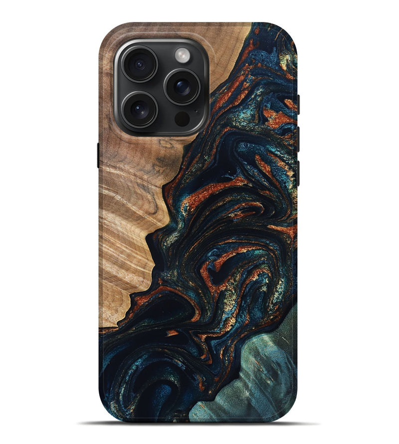iPhone 16 Pro Max Wood Live Edge Phone Case - Keagan (Teal & Gold, 832184)