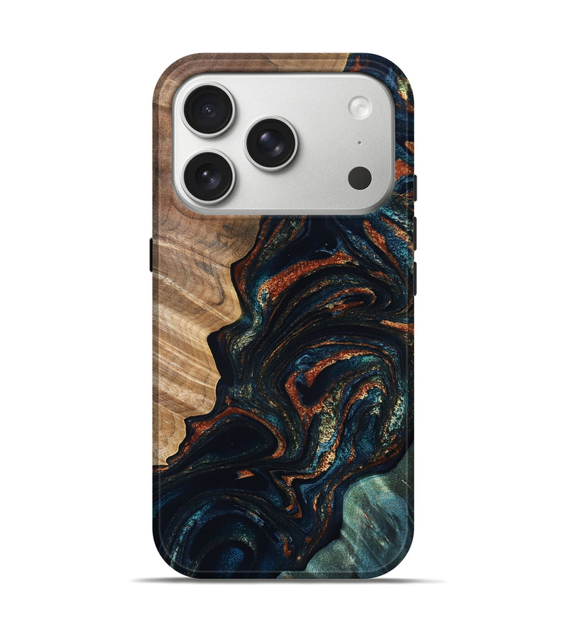 iPhone 17 Pro Wood Live Edge Phone Case - Keagan (Teal & Gold, 832184)