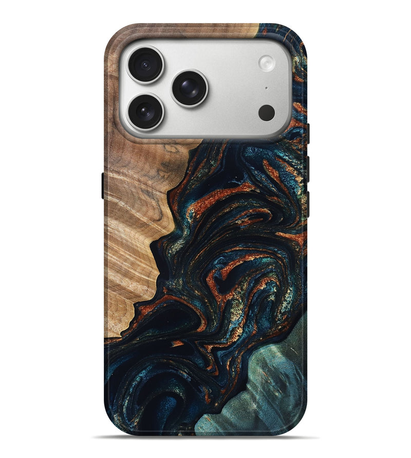 iPhone 17 Pro Max Wood Live Edge Phone Case - Keagan (Teal & Gold, 832184)