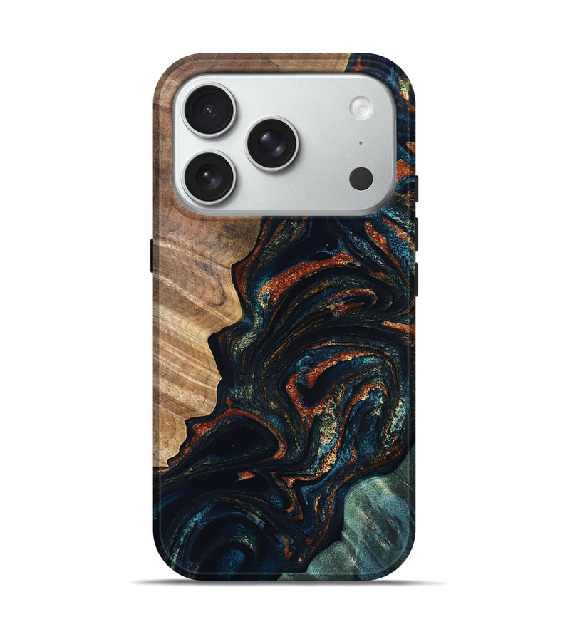 iPhone 18 Pro Wood Live Edge Phone Case - Keagan (Teal & Gold, 832184)