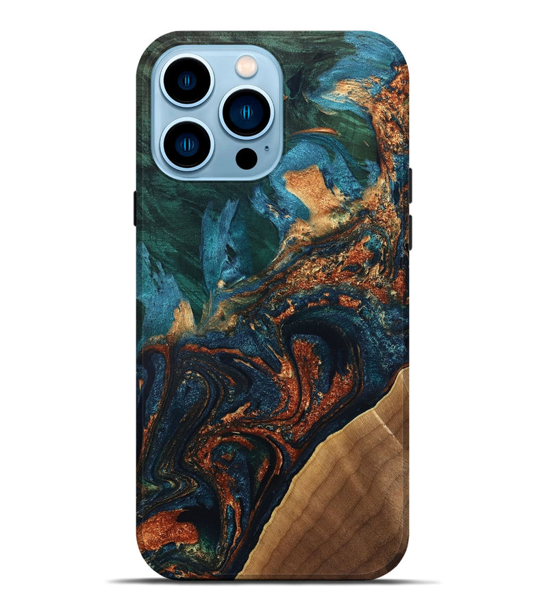 iPhone 14 Pro Max Wood Live Edge Phone Case - Alberta (Teal & Gold, 832187)