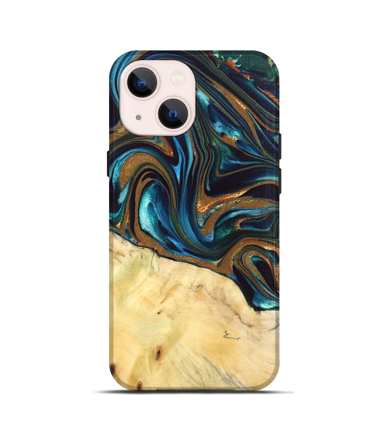 iPhone 13 mini Wood Live Edge Phone Case - Giana (Teal & Gold, 832192)