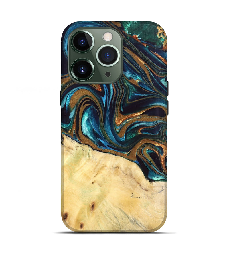 iPhone 13 Pro Wood Live Edge Phone Case - Giana (Teal & Gold, 832192)