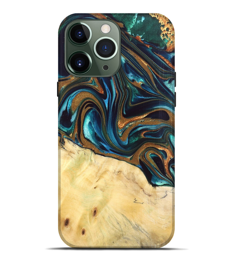 iPhone 13 Pro Max Wood Live Edge Phone Case - Giana (Teal & Gold, 832192)