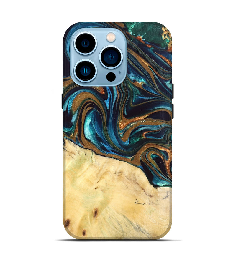 iPhone 14 Pro Wood Live Edge Phone Case - Giana (Teal & Gold, 832192)