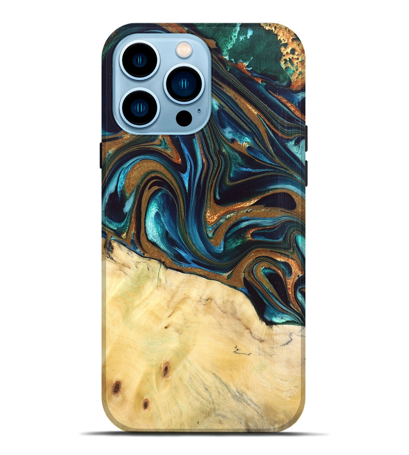 iPhone 14 Pro Max Wood Live Edge Phone Case - Giana (Teal & Gold, 832192)