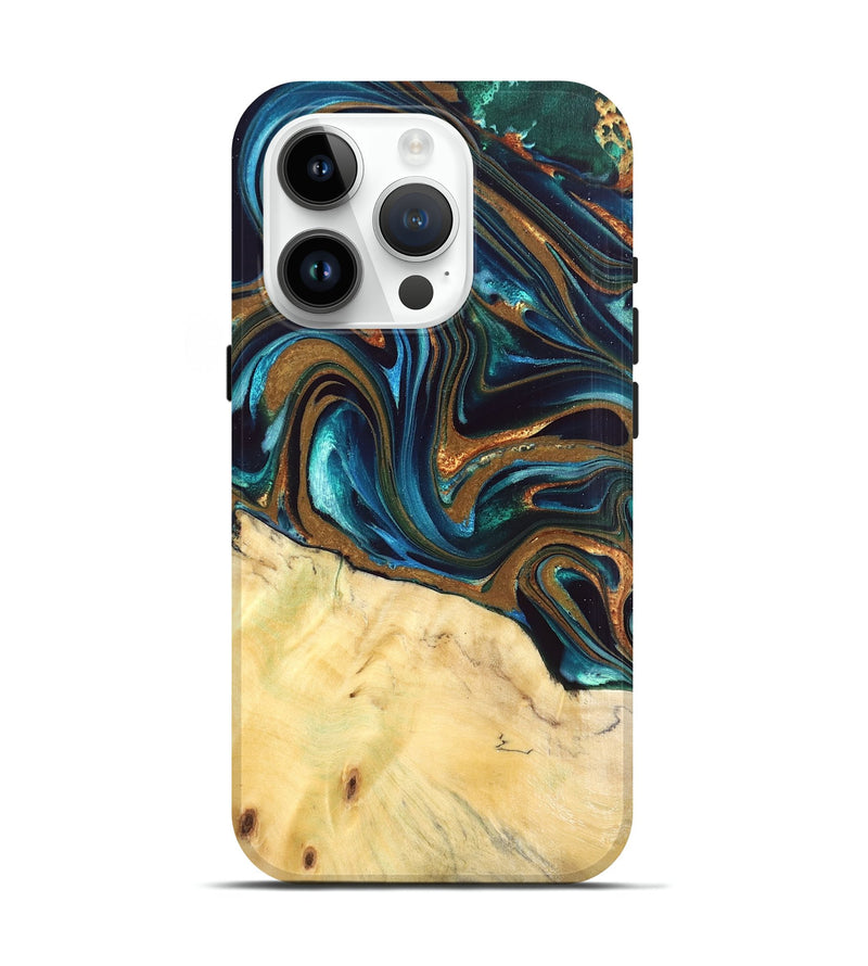 iPhone 15 Pro Wood Live Edge Phone Case - Giana (Teal & Gold, 832192)