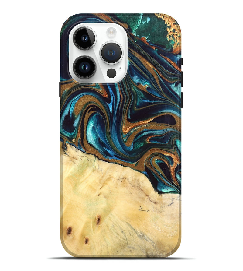 iPhone 15 Pro Max Wood Live Edge Phone Case - Giana (Teal & Gold, 832192)