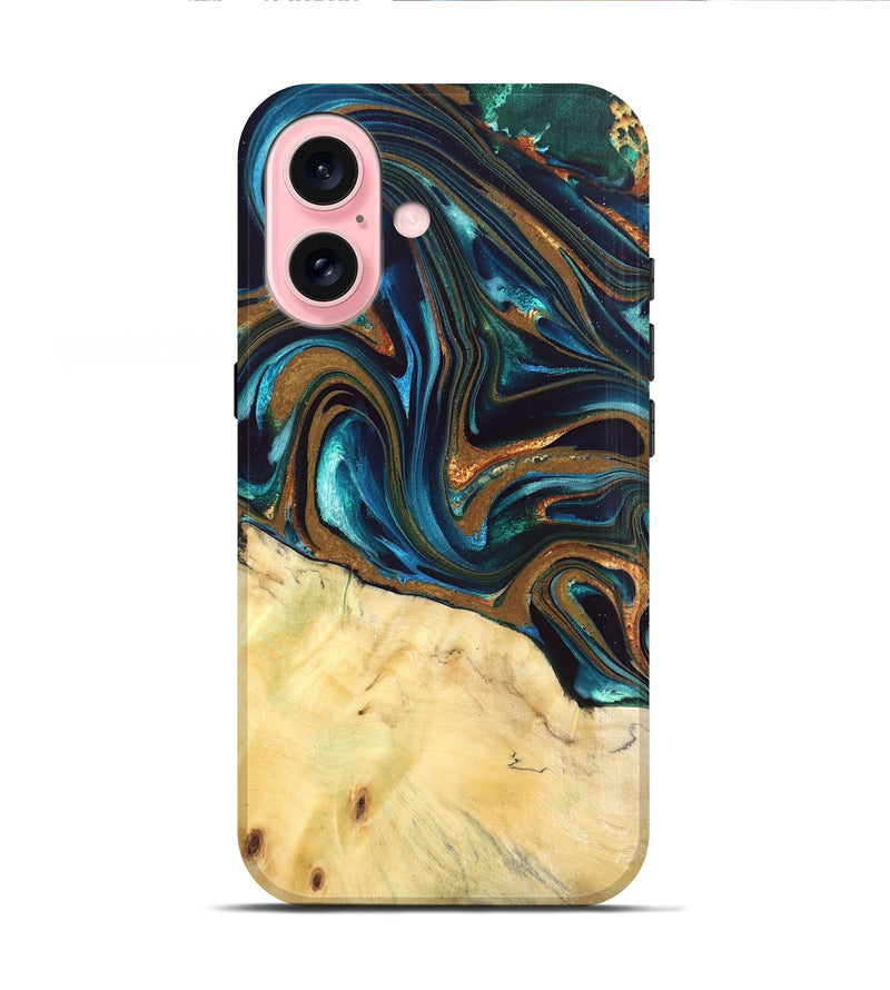 iPhone 16 Wood Live Edge Phone Case - Giana (Teal & Gold, 832192)