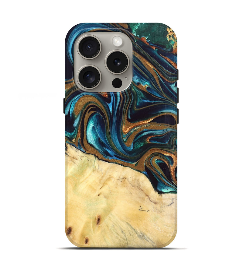 iPhone 16 Pro Wood Live Edge Phone Case - Giana (Teal & Gold, 832192)