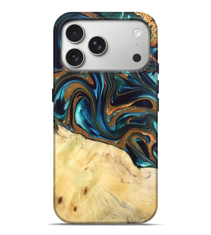 iPhone 17 Pro Max Wood Live Edge Phone Case - Giana (Teal & Gold, 832192)