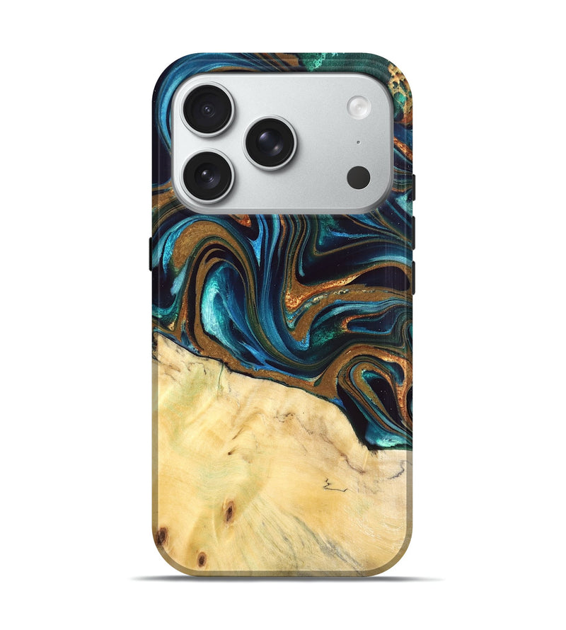 iPhone 18 Pro Wood Live Edge Phone Case - Giana (Teal & Gold, 832192)