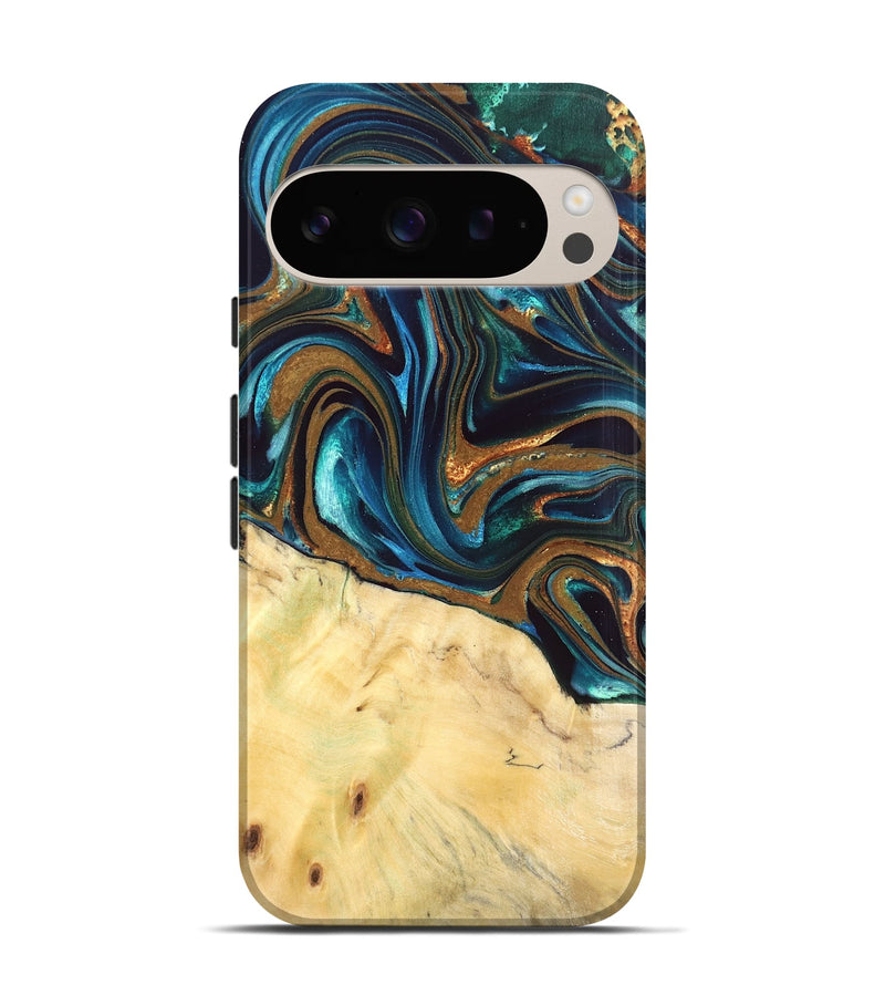 Pixel 9 Wood Live Edge Phone Case - Giana (Teal & Gold, 832192)