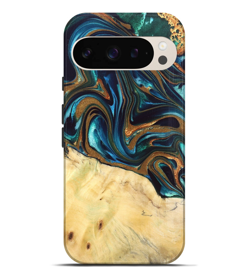Pixel 9 Pro XL Wood Live Edge Phone Case - Giana (Teal & Gold, 832192)