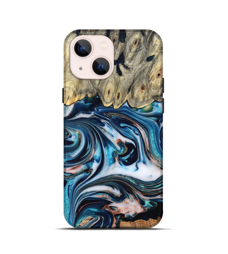 iPhone 13 mini Wood Live Edge Phone Case - Lexi (Teal & Gold, 832193)