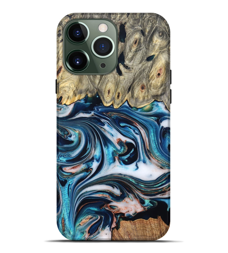 iPhone 13 Pro Max Wood Live Edge Phone Case - Lexi (Teal & Gold, 832193)