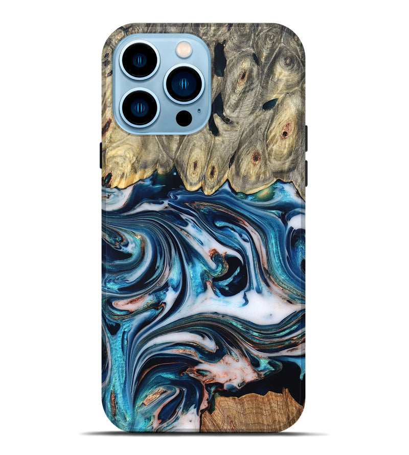 iPhone 14 Pro Max Wood Live Edge Phone Case - Lexi (Teal & Gold, 832193)