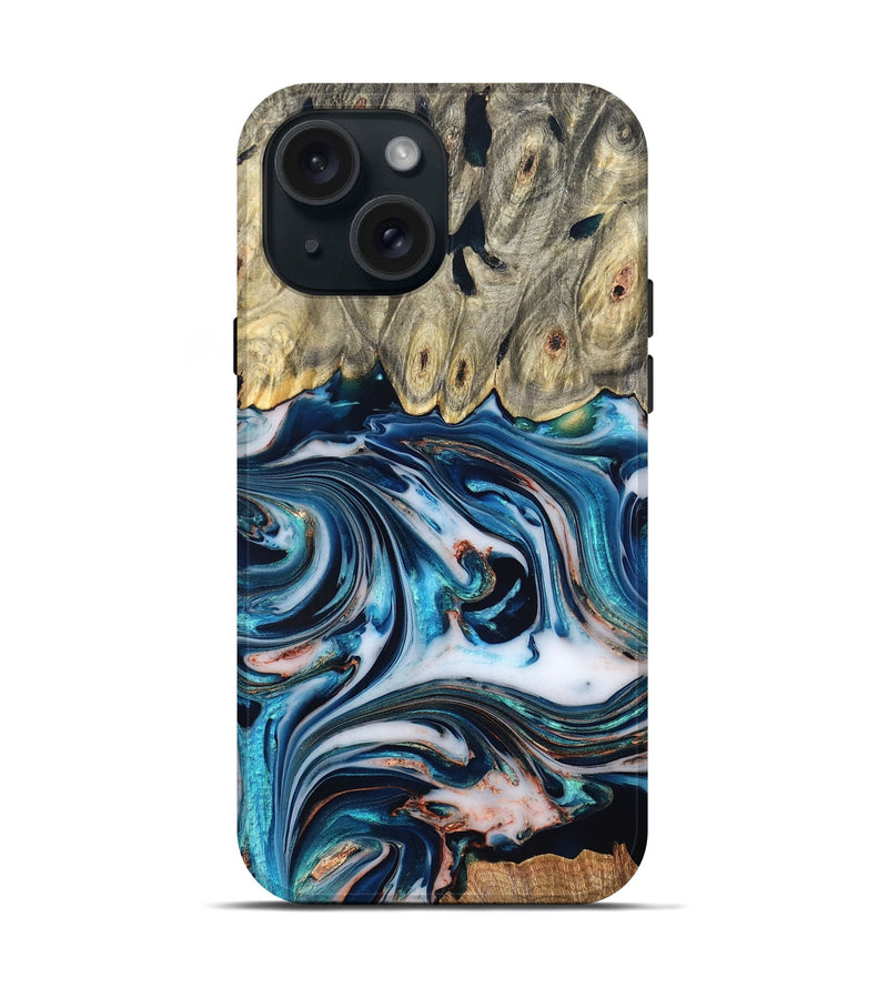 iPhone 15 Wood Live Edge Phone Case - Lexi (Teal & Gold, 832193)