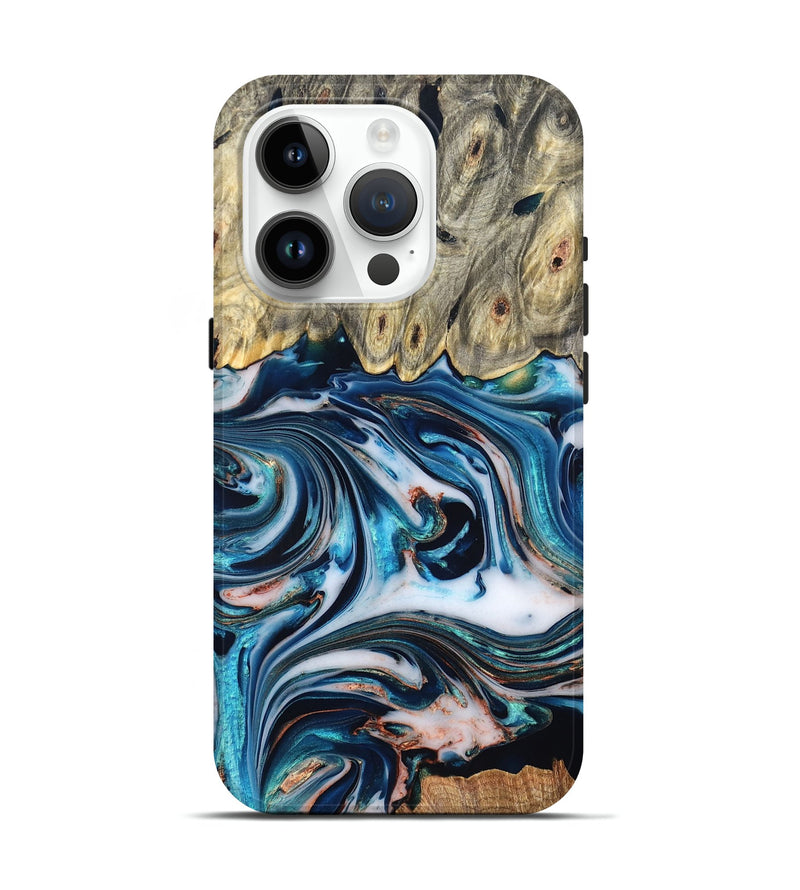 iPhone 15 Pro Wood Live Edge Phone Case - Lexi (Teal & Gold, 832193)