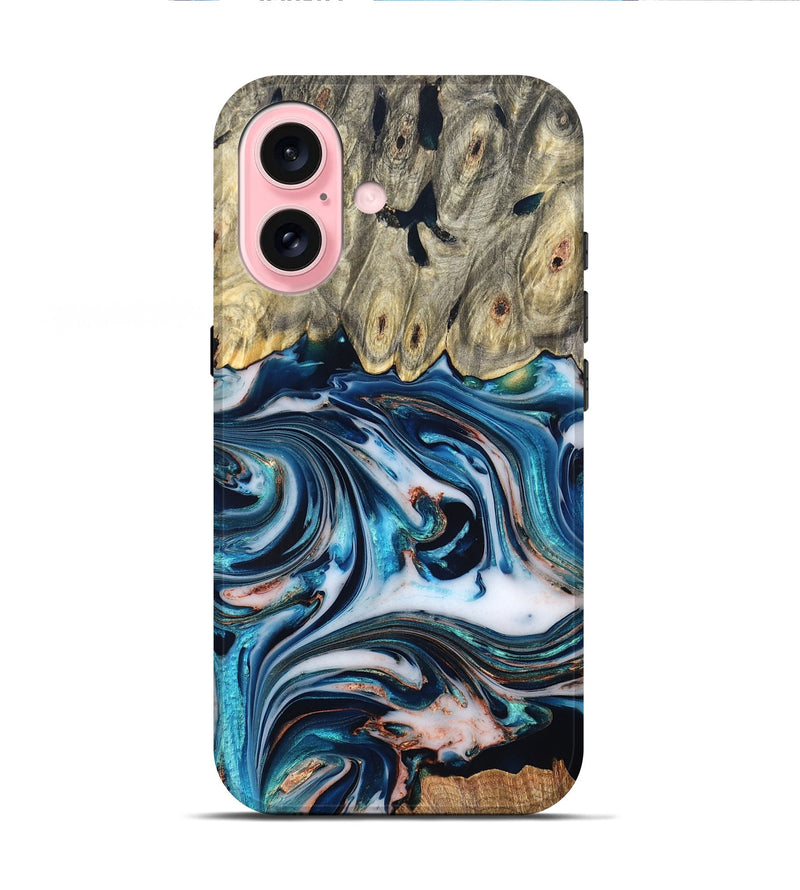 iPhone 16 Wood Live Edge Phone Case - Lexi (Teal & Gold, 832193)