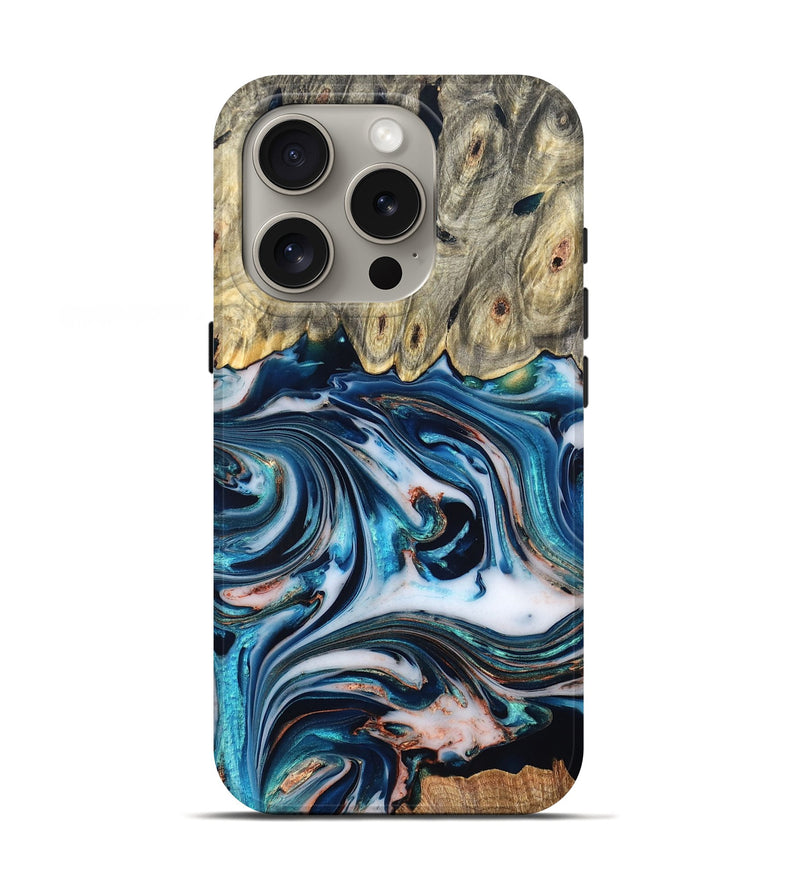 iPhone 16 Pro Wood Live Edge Phone Case - Lexi (Teal & Gold, 832193)