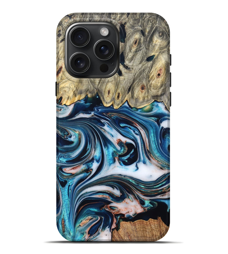 iPhone 16 Pro Max Wood Live Edge Phone Case - Lexi (Teal & Gold, 832193)