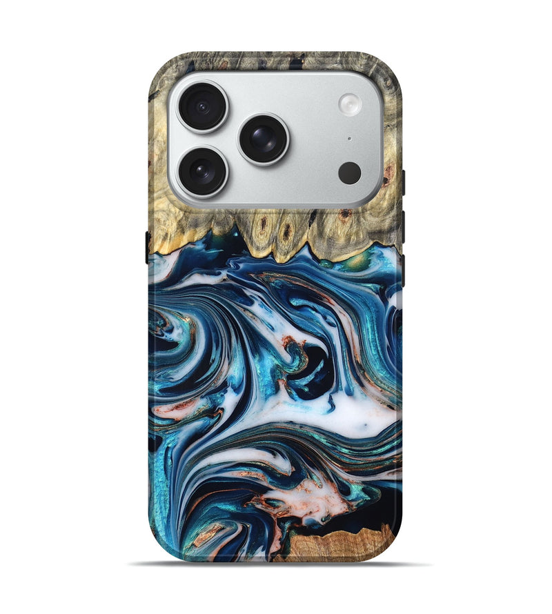 iPhone 18 Pro Wood Live Edge Phone Case - Lexi (Teal & Gold, 832193)