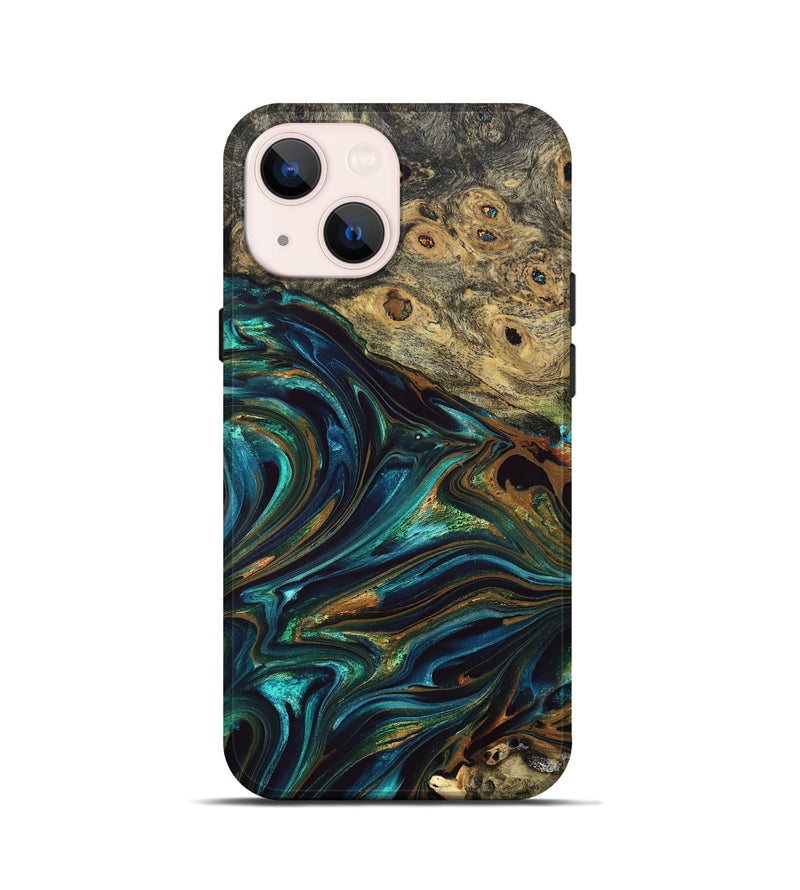 iPhone 13 mini Wood Live Edge Phone Case - Katlynn (Teal & Gold, 832197)