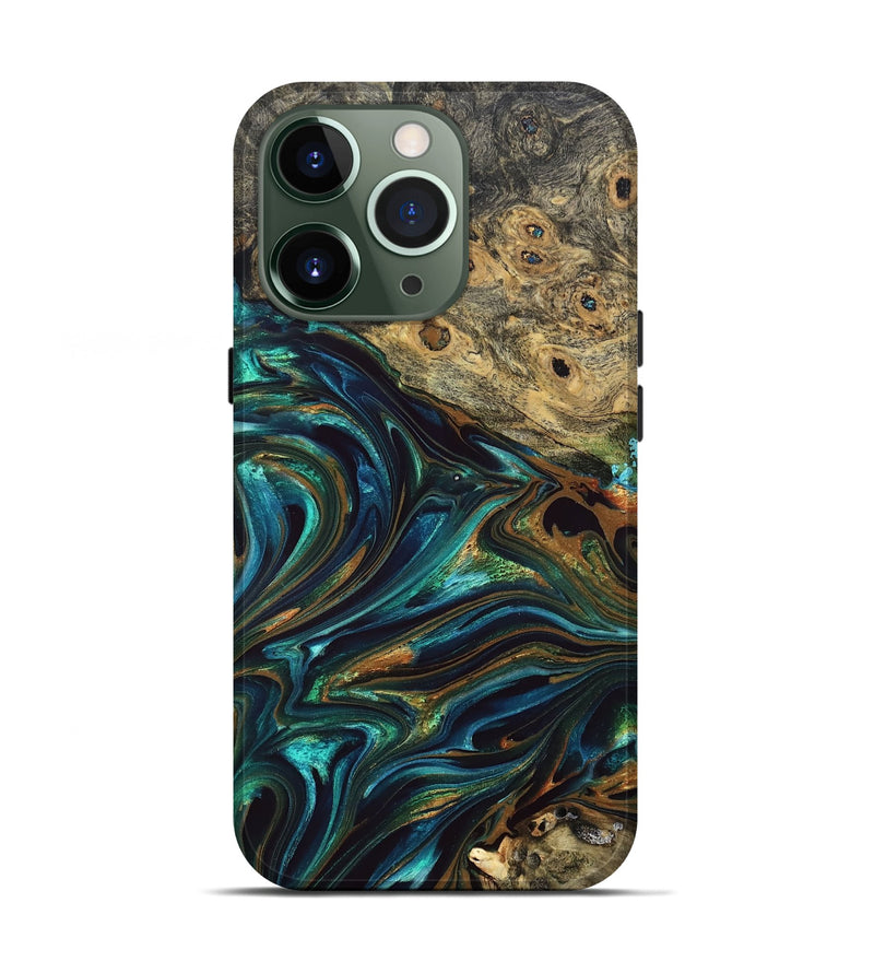 iPhone 13 Pro Wood Live Edge Phone Case - Katlynn (Teal & Gold, 832197)
