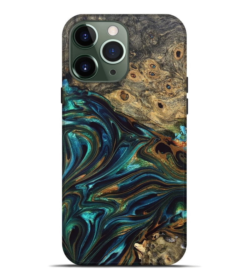 iPhone 13 Pro Max Wood Live Edge Phone Case - Katlynn (Teal & Gold, 832197)