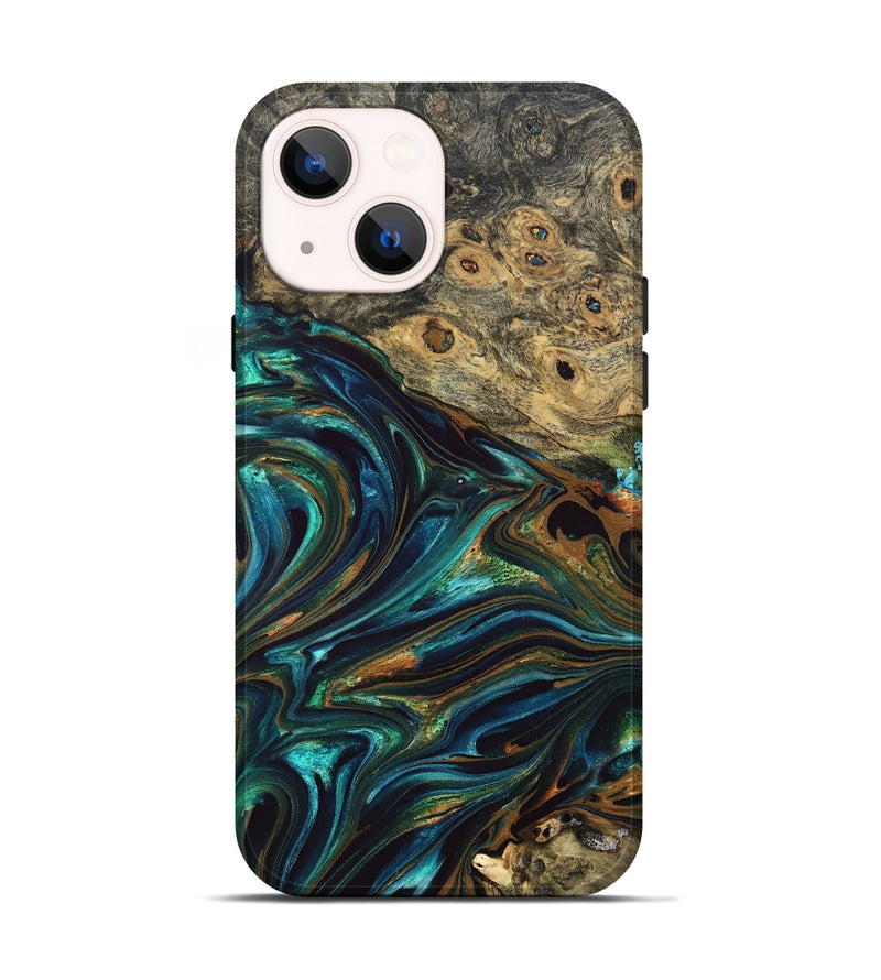 iPhone 14 Wood Live Edge Phone Case - Katlynn (Teal & Gold, 832197)