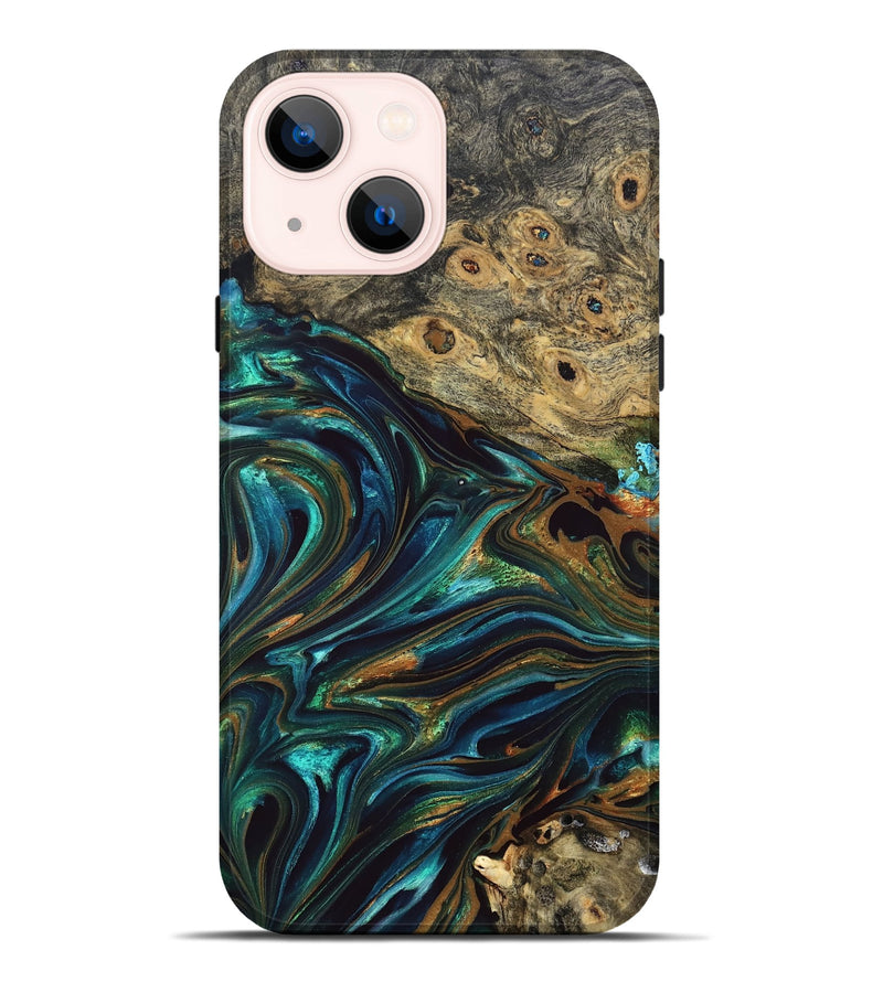 iPhone 14 Plus Wood Live Edge Phone Case - Katlynn (Teal & Gold, 832197)