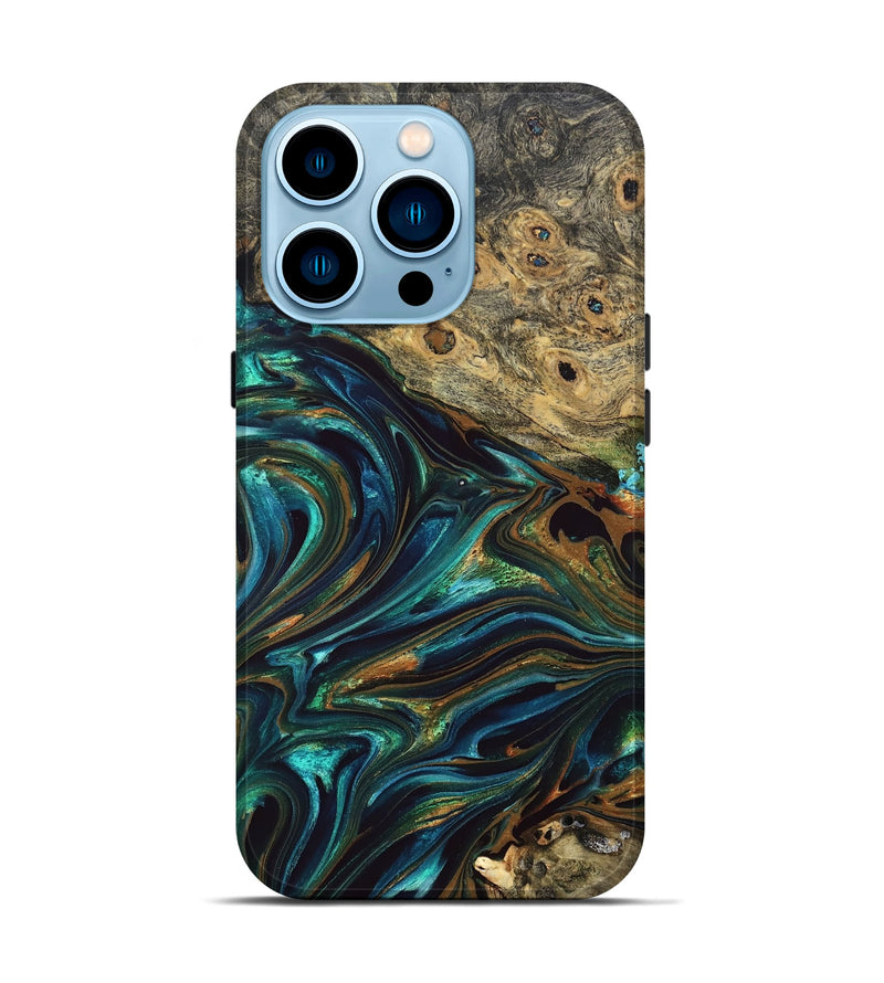 iPhone 14 Pro Wood Live Edge Phone Case - Katlynn (Teal & Gold, 832197)