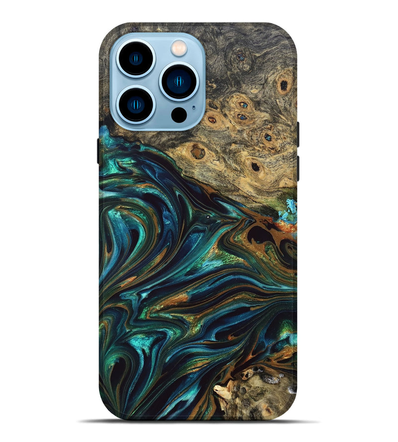 iPhone 14 Pro Max Wood Live Edge Phone Case - Katlynn (Teal & Gold, 832197)