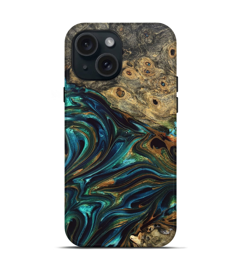 iPhone 15 Wood Live Edge Phone Case - Katlynn (Teal & Gold, 832197)