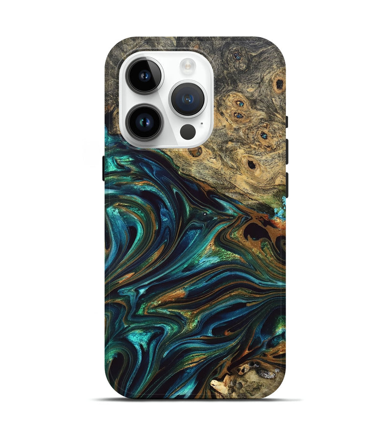 iPhone 15 Pro Wood Live Edge Phone Case - Katlynn (Teal & Gold, 832197)