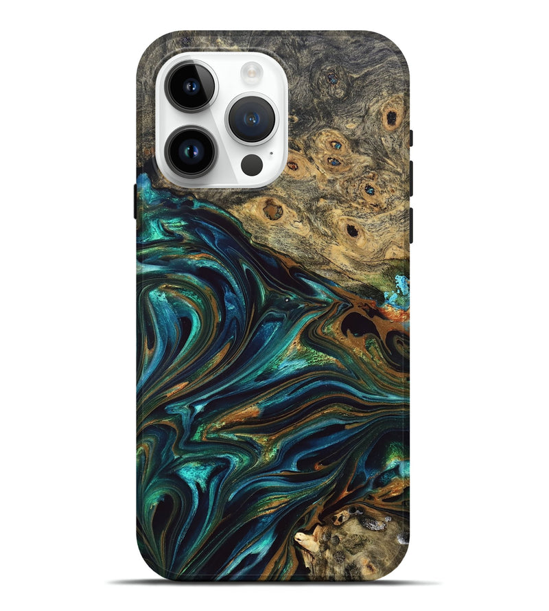 iPhone 15 Pro Max Wood Live Edge Phone Case - Katlynn (Teal & Gold, 832197)