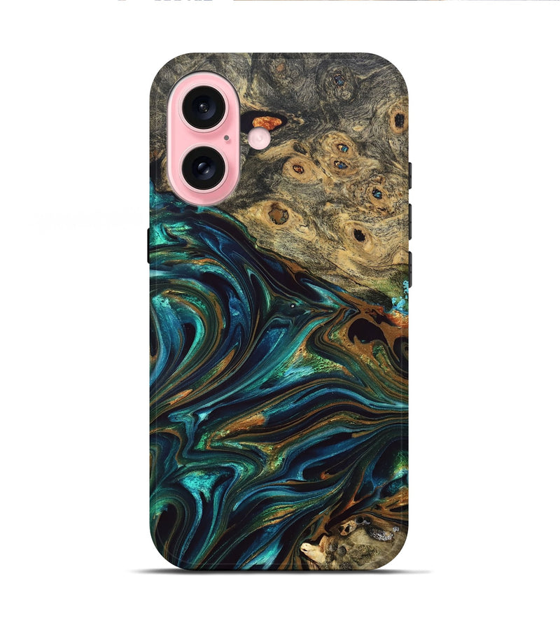 iPhone 16 Wood Live Edge Phone Case - Katlynn (Teal & Gold, 832197)