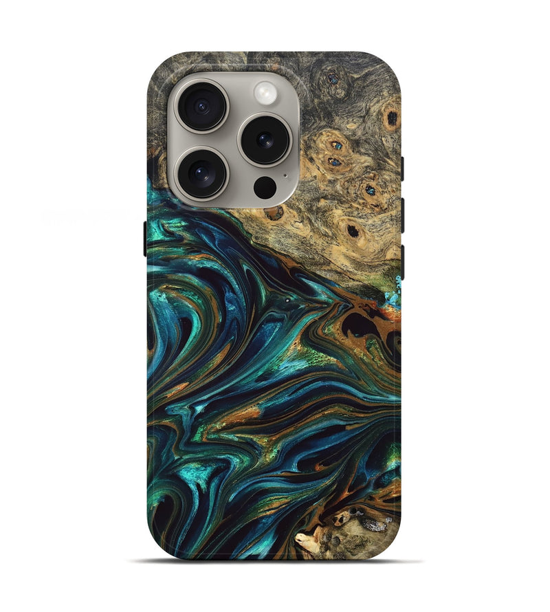 iPhone 16 Pro Wood Live Edge Phone Case - Katlynn (Teal & Gold, 832197)
