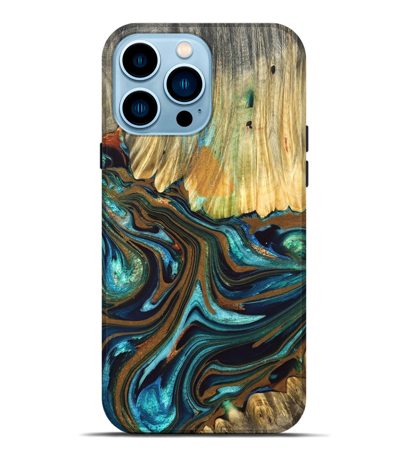 iPhone 14 Pro Max Wood Live Edge Phone Case - Kora (Teal & Gold, 832198)