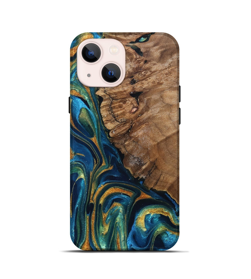 iPhone 13 mini Wood Live Edge Phone Case - Alonzo (Teal & Gold, 832199)