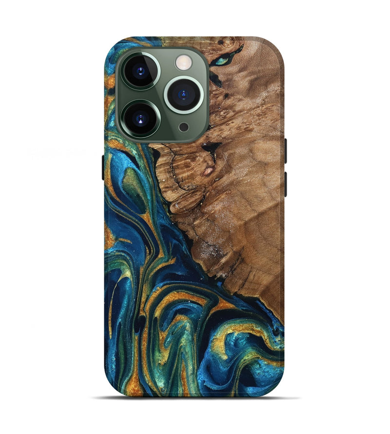 iPhone 13 Pro Wood Live Edge Phone Case - Alonzo (Teal & Gold, 832199)
