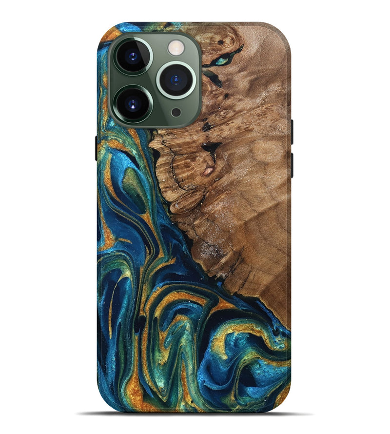 iPhone 13 Pro Max Wood Live Edge Phone Case - Alonzo (Teal & Gold, 832199)