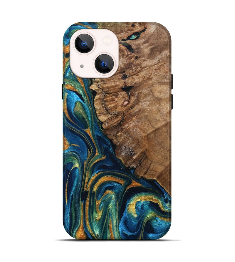 iPhone 14 Wood Live Edge Phone Case - Alonzo (Teal & Gold, 832199)